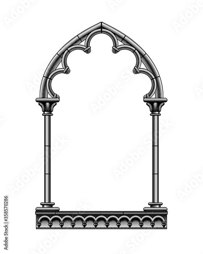 Engraved drawing of a black classic gothic architectural decorative frame isolated on white