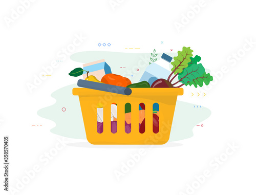 Shopping cart with vegetables and fruits. Water bottle, milk bag and fresh food from local food market. Basket with food and drink. Supermarket basket cart flat style vector illustration. 