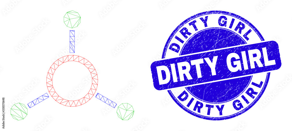 Web carcass masternode links icon and Dirty Girl stamp. Blue vector round grunge stamp with Dirty Girl title. Abstract frame mesh polygonal model created from masternode links pictogram.