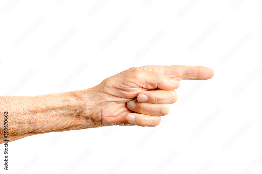 Old lady arm on a white background. Hand of elderly woman indicates direction Old lady arm on a white background. Hand of elderly woman indicates direction