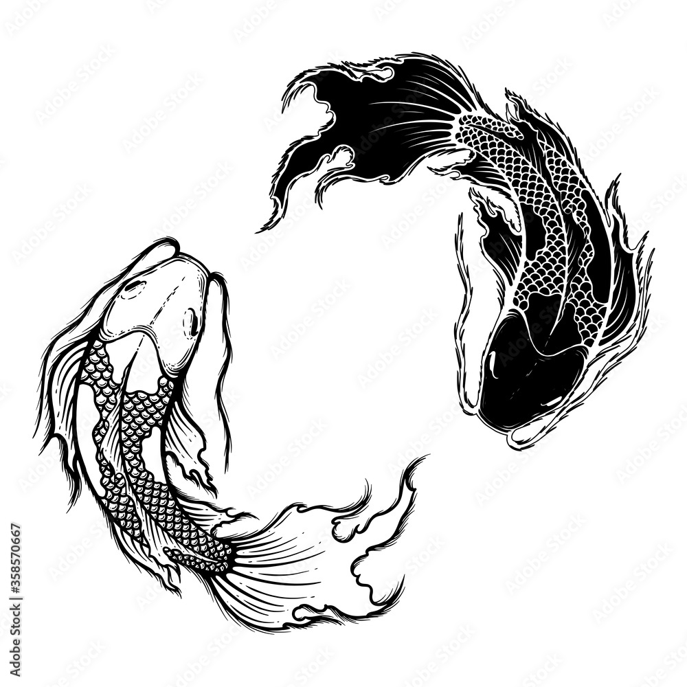 Hand Drawn Outline Koi Fish Vector Illustration, Tattoo Design, Japan  Style, Line Art Ink Work, Animal Wildlife. Black And White. Stock Vector |  Adobe Stock