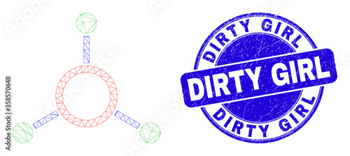 Web carcass masternode links icon and Dirty Girl stamp. Blue vector round grunge stamp with Dirty Girl title. Abstract frame mesh polygonal model created from masternode links pictogram.
