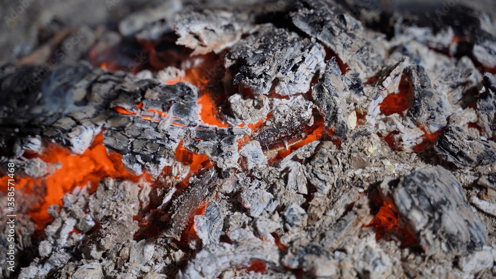 Burning coals in barbecue grill. Coal is ending and turns to ash Burning coals in barbecue grill. Coal is ending and turns to ash