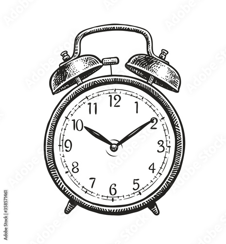 Retro alarm clock sketch. Hand-drawn vintage vector illustration
