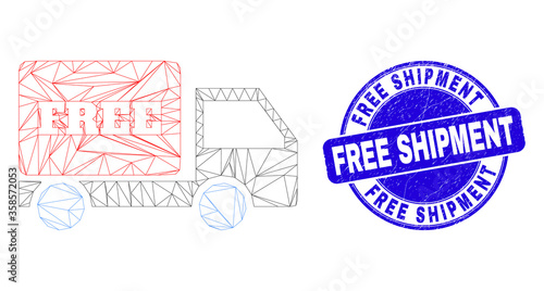 Web mesh free delivery pictogram and Free Shipment stamp. Blue vector rounded distress stamp with Free Shipment title. Abstract frame mesh polygonal model created from free delivery pictogram.