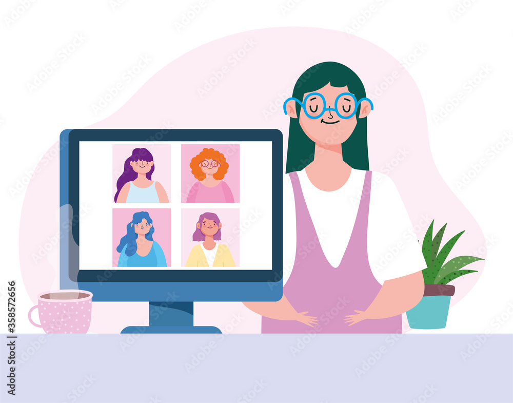 online meeting or conference during coronavirus covid 19, young woman wearing glasses with computer and talking female people