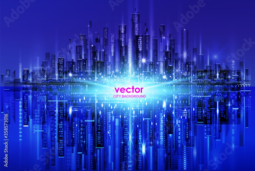 Vector night city skyline. illustration with neon glow and water reflection