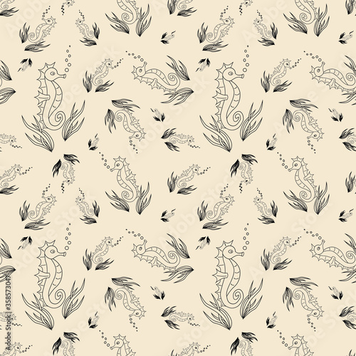 Seamless seahorse repeat pattern including bubbles and seaweed. Surface, tile, fabric wallpaper.