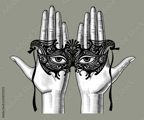 Engraved drawing of a female hand with a decorative carnival venetian mask with eyes on the palms