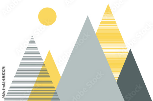 Mountains, sun. Landscape in restrained gray and yellow colors. Design for a children's bedroom. Vector for banner,cards