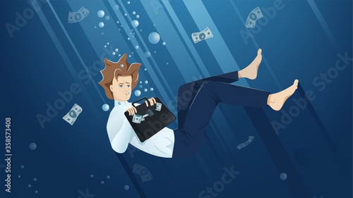 Businessman in a white shirt and dark blue trousers presses a suitcase to his chest. money sticking out of a suitcase. The man held his breath underwater. The concept of drowning small business.
