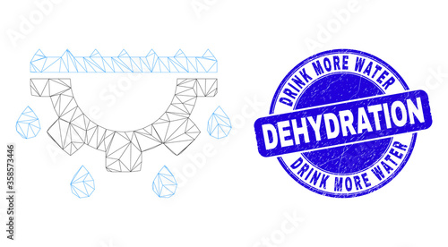 Web carcass water gear drops pictogram and Drink More Water Dehydration seal stamp. Blue vector round grunge seal stamp with Drink More Water Dehydration phrase.