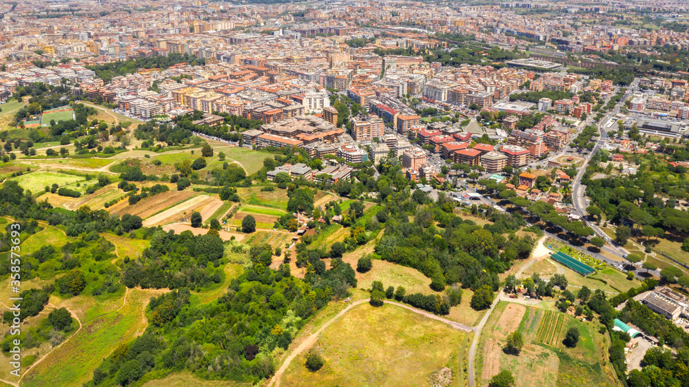 Aerial view of the Via Appia and Via Tuscolana in Rome from the Caffarella park