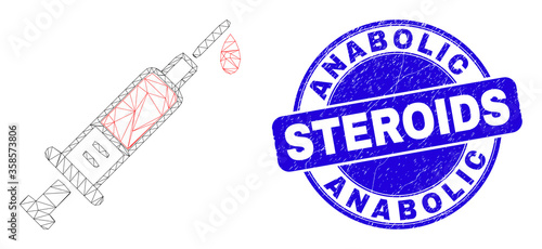 Web mesh blood syringe pictogram and Anabolic Steroids seal stamp. Blue vector round textured seal stamp with Anabolic Steroids message.
