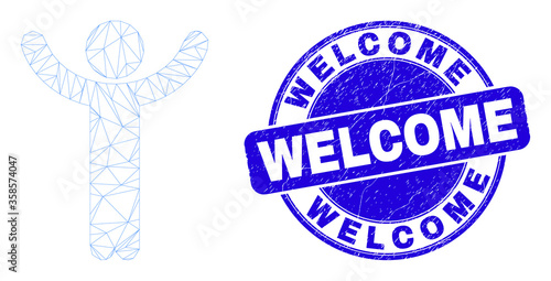 Web mesh hands up person pictogram and Welcome seal stamp. Blue vector rounded grunge seal stamp with Welcome phrase. Abstract carcass mesh polygonal model created from hands up person pictogram.