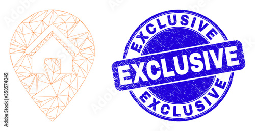 Web carcass house map marker icon and Exclusive seal stamp. Blue vector round scratched seal stamp with Exclusive message. Abstract carcass mesh polygonal model created from house map marker icon.