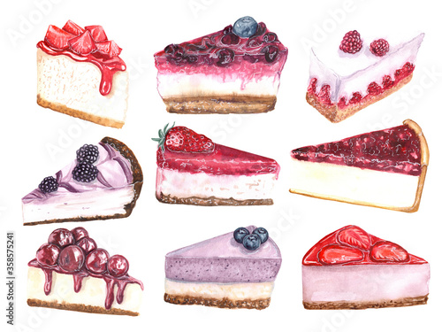 Watercolor illustration of berry cheesecakes on a white background
