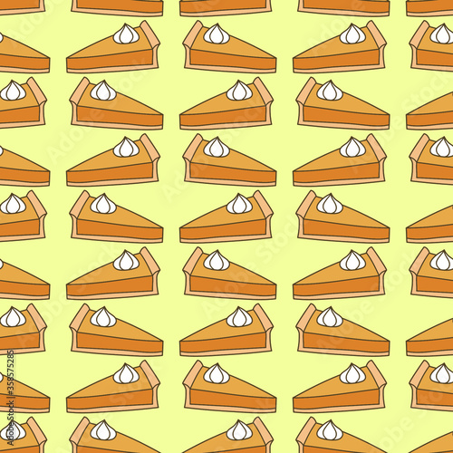 Seamless pattern with funny cartoon slices of pumpkin pie. photo