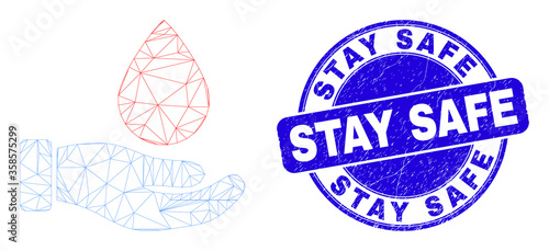 Web carcass blood donation hand pictogram and Stay Safe seal stamp. Blue vector round textured seal stamp with Stay Safe text.