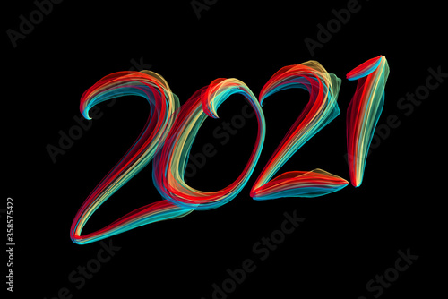 Happy new year 2021 numbers lettering written by colorful flame particles isolated on black background