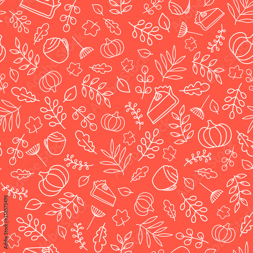 Thanksgiving seamless pattern with pumpkin, pie slice, latte, leaves, branches. Cute autumn background. Pumpkin spice mood.