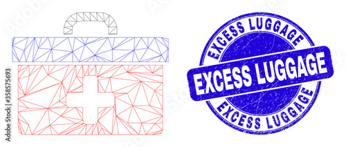 Web carcass medical case icon and Excess Luggage seal. Blue vector round scratched seal stamp with Excess Luggage text. Abstract carcass mesh polygonal model created from medical case icon.