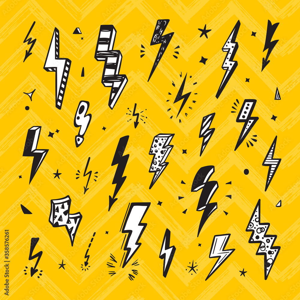 Lightning Bolts Vector Set. Hand Drawn Doodle Lightning Bolt Signs, Thunderbolts, Energy Thunder bolt, Warning Symbol illustration
Lightning Bolts Vector Set. Hand Drawn Doodle Lightning Bolt Signs, Thunderbolts, Energy Thunder bolt, Warning Symbol illustration