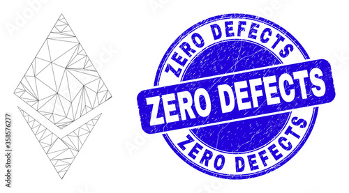 Web carcass crystal pictogram and Zero Defects seal stamp. Blue vector rounded textured seal with Zero Defects message. Abstract frame mesh polygonal model created from crystal pictogram.