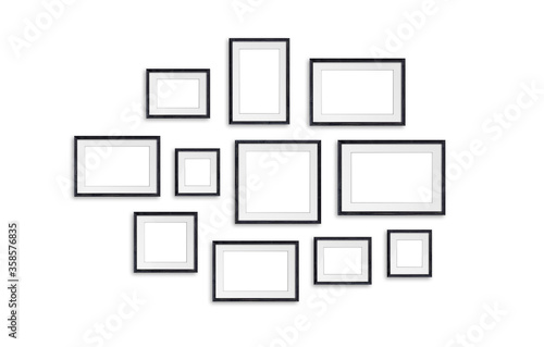 Black wooden photo frames set isolated on white wall, eleven realistic frameworks mock up, 3d illustration
