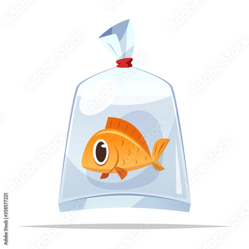 Cartoon fish in plastic bag vector isolated illustration