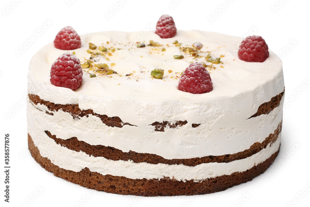 Cream cake with fresh raspberries on white background
Cream cake with fresh raspberries on white background