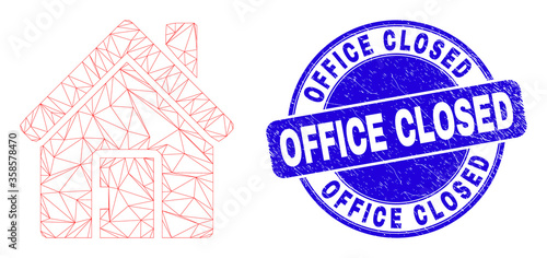 Web mesh home pictogram and Office Closed stamp. Blue vector rounded scratched stamp with Office Closed caption. Abstract carcass mesh polygonal model created from home pictogram.