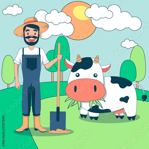 Farmer with cow cartoon vector illustration