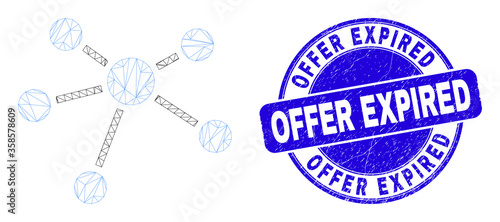 Web carcass relation links icon and Offer Expired seal. Blue vector round distress seal stamp with Offer Expired phrase. Abstract carcass mesh polygonal model created from relation links icon.