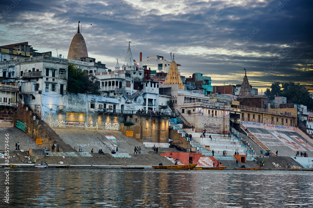 Varanasi cityscape from Ganges river side at sunset