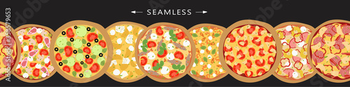 Horizontal seamless banner for website. Flyer witn different kinds of pizza and copy space for text. Flat vector design on black background