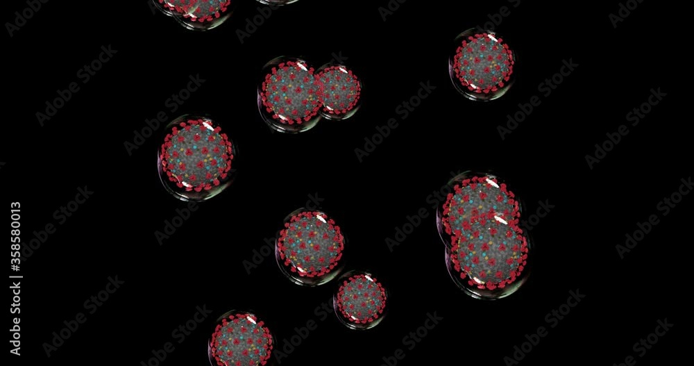Coronavirus cells on black background . Small droplets with Covid-19 spread pathogens. 3D rendering loop 4k Coronavirus cells on black background . Small droplets with Covid-19 spread pathogens. 3D rendering loop 4k