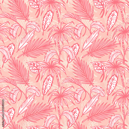Tropical Palm Tree Leaves Vector Seamless Pattern. Hand Drawn Doodle Palm Leaf Sketch Drawing. Summer Floral Background. Tropical Plants Wallpaper 