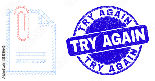 Web mesh paperclip page pictogram and Try Again seal. Blue vector rounded distress seal with Try Again caption. Abstract carcass mesh polygonal model created from paperclip page pictogram.