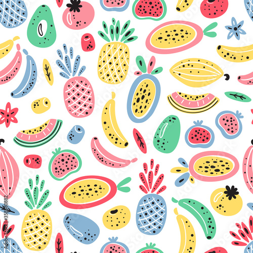 Cartoon Tropical Fruits and Berries Vector Seamless Pattern. Colorful Fruit Wallpaper. Healthy Summer Food Background 