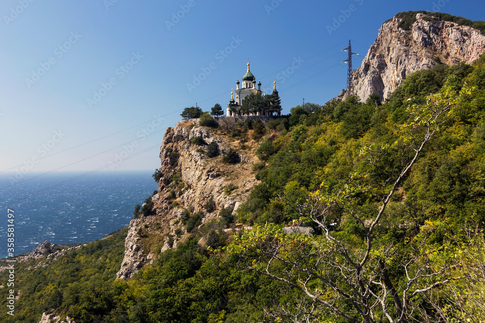 Temple in the clouds. Church Of The Resurrection. White temple. Temple on the rock. Crimea. Foros.