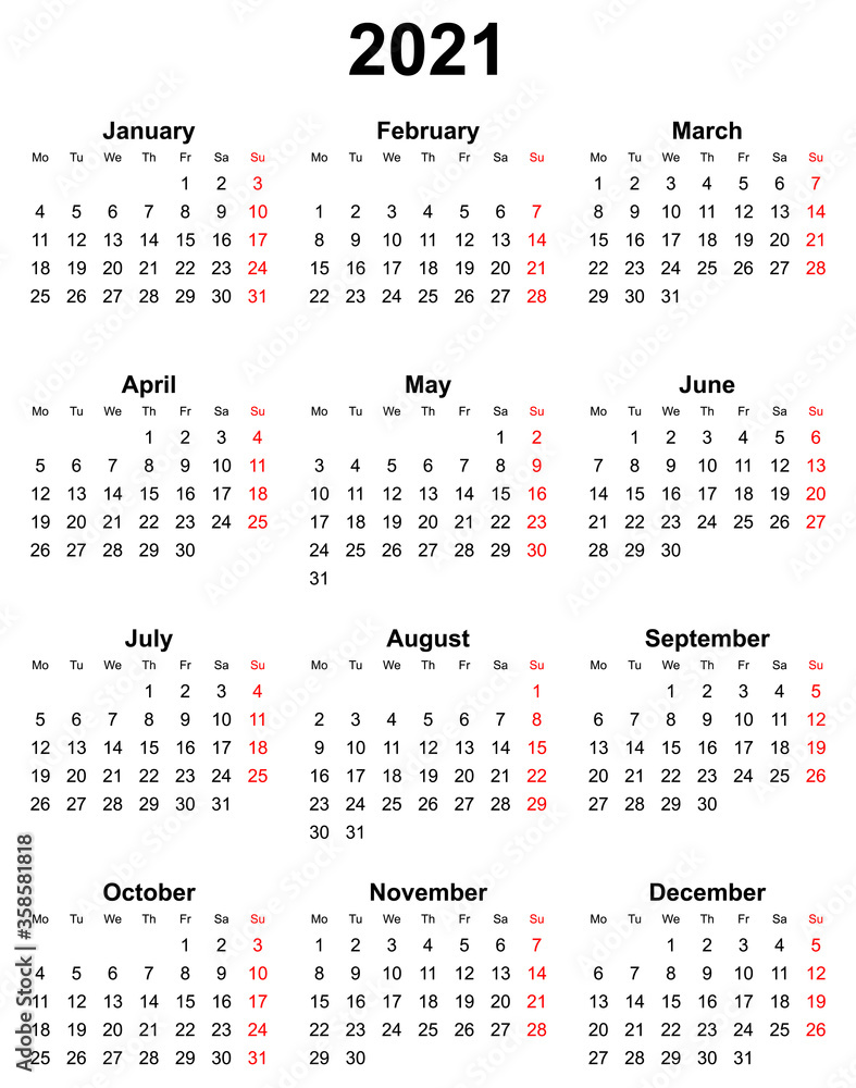 Simple editable vector calendar for year 2021 sundays in red, mondays first, template in eps 10