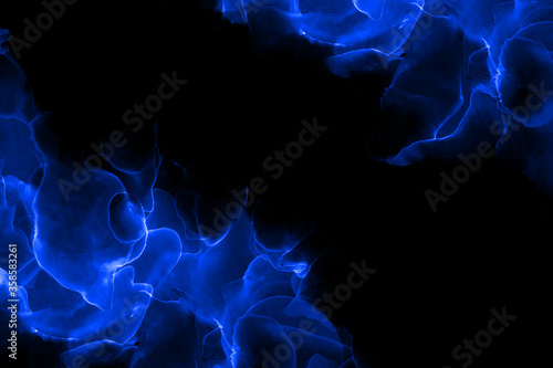 Abstract illustration with blue gas fire flame over black background. Mystical border with copy space.