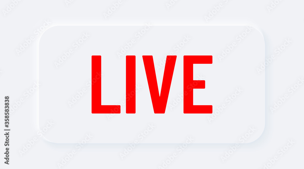 Red live. Bright white gradient buttons. Internet symbol broadcasting, online stream on a background. Neumorphic effect streaming icon Red live. Bright white gradient buttons. Internet symbol broadcasting, online stream on a background. Neumorphic effect streaming icon