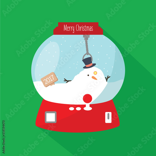a melting snowman cartoon in a glass ball vector flat design isolated & text merry christmas. one winner & winning in a prize or gift 