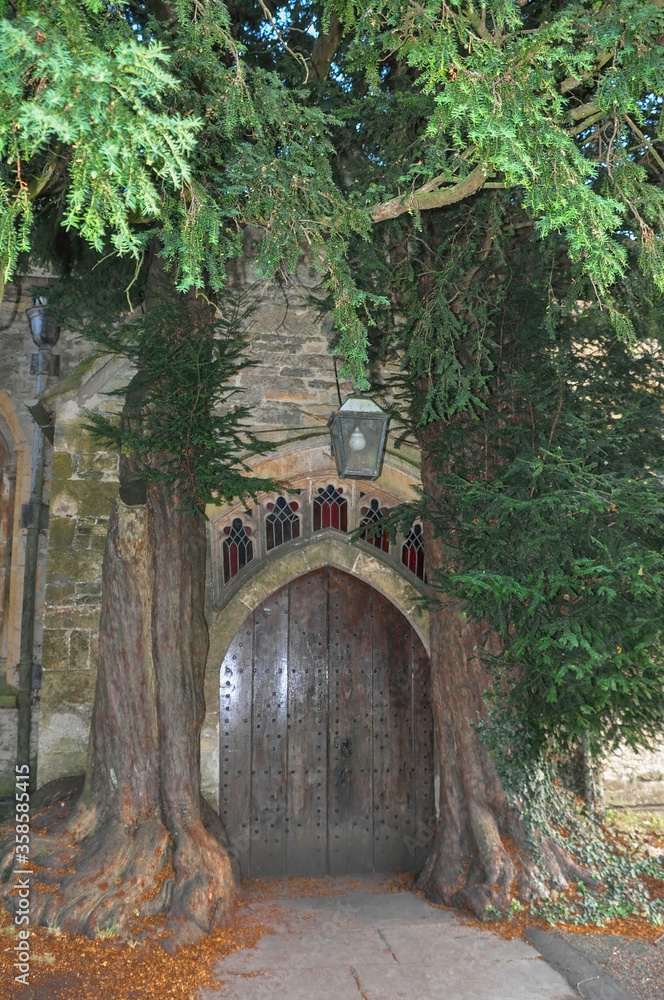 ST EDWARD CHURCH, STOW ON THE WOLD, COTSWOLDS, ENGLAND, EUROPE. North door of the parish church of San Eduardo, flanked by yews. Inspiration for
