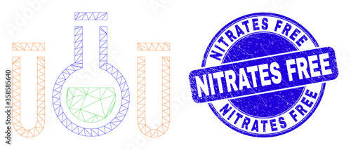 Web carcass chemical tubes icon and Nitrates Free seal. Blue vector round textured seal with Nitrates Free caption. Abstract carcass mesh polygonal model created from chemical tubes pictogram.