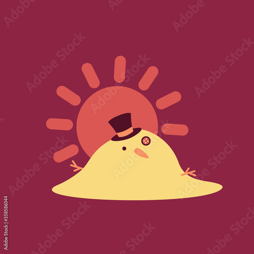 funny vector holiday flat design cartoon icon. cute melting Snowman face isolated symbol. happy merry christmas concept for winter. white snow concept. hot sun vintage. sunny day & global warming sign