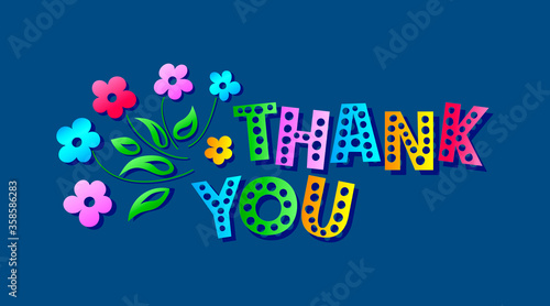 Illustration of multicolor Thank you text with flowers on blue background