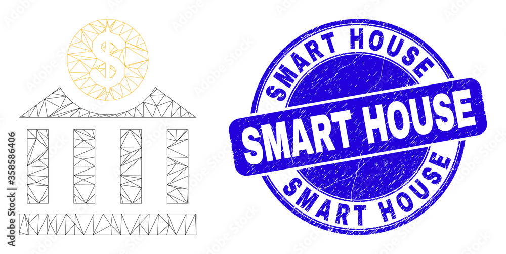 Obraz premium Web mesh dollar bank pictogram and Smart House seal stamp. Blue vector round grunge watermark with Smart House message. Abstract frame mesh polygonal model created from dollar bank pictogram.